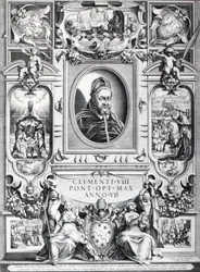 Papst Clemens VIII., umgeben von Szenen aus seinem Leben